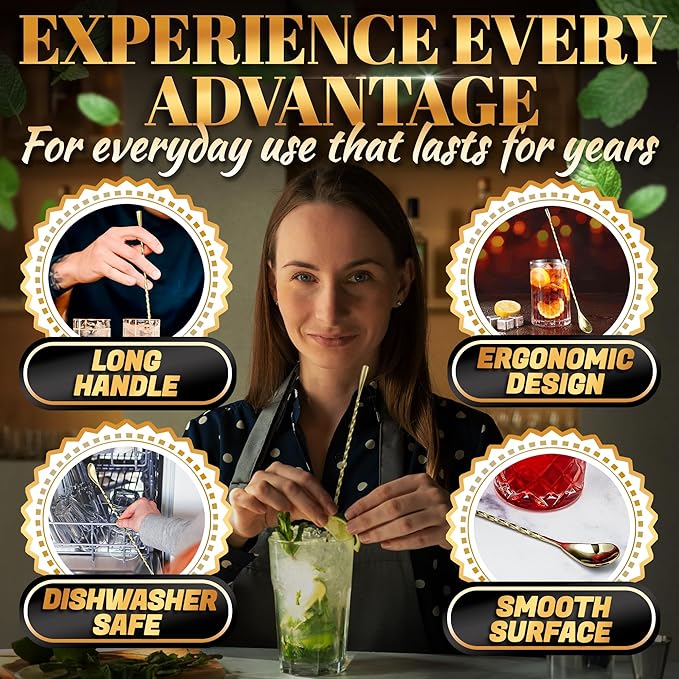 Bar Spoon Set of 4 – Gold Coffee Spoons for Pro and Home Use, Polished Stainless Steel Stirring Spoons with Twisted Spiral Handle - Cocktail Stirrers for Drinks Like Coffee, Smoothie, and Iced Tea