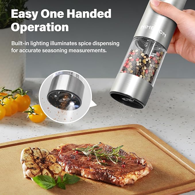 Electric Salt and Pepper Grinder Set Rechargeable, Automatic Salt and Pepper Grinder Set for Kitchen, USB Charging Base & LED Light, Adjustable Coarseness, Stainless Steel