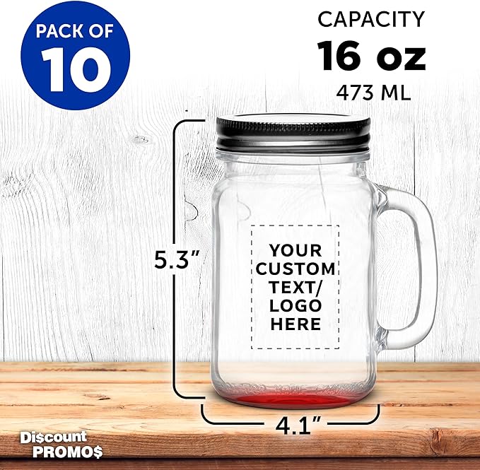 DISCOUNT PROMOS Custom Libbey Handle Mason Jars w/Lids 16 oz. Set of 10, Personalized Bulk Pack - Traditional style, High standard - Red