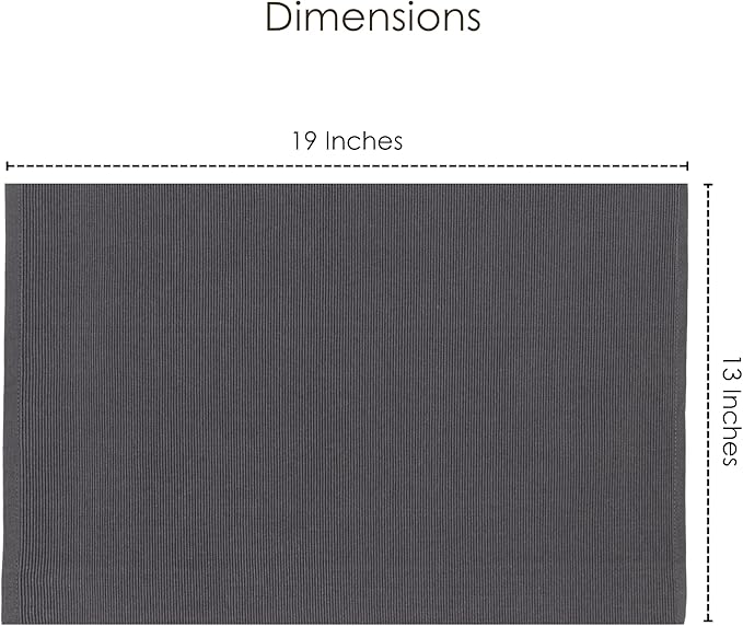Charcoal Grey Placemats Set of 6, Cotton Ribbed Tabletop, Non-Slip Wrinkle Free Kitchen Table Mats for Dining Table, 13x19 Inch