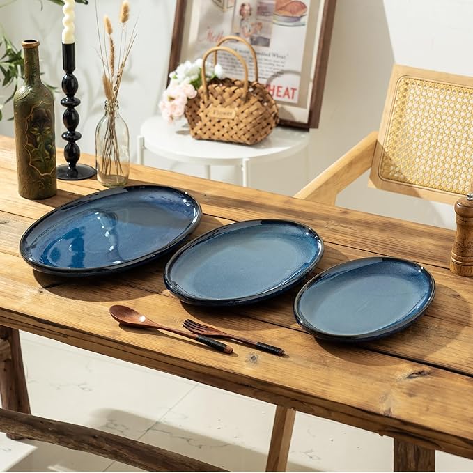 Ceramic Large Serving Platters- Set of 3 Oval Platters for Entertaining. Modern Kitchen Dishes for Dinner, Fruit, Salad, Turkey, etc. Oven, Dishwasher Safe, 15.75" / 13.75" /12",Royal Blue