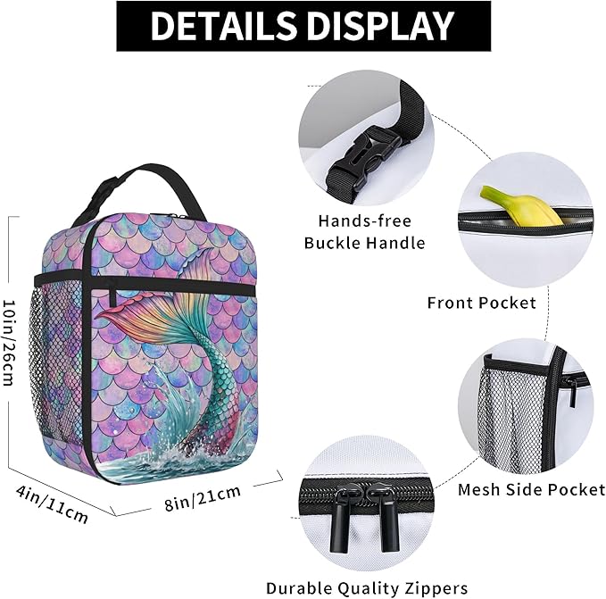 Mermaid Tail Scales Insulated Lunch Bag for Women & Men, Reusable Leak-Proof Lunch Box with Cooler Compartment, Lunch Tote for Adults Work Travel Picnic Durable & Washable