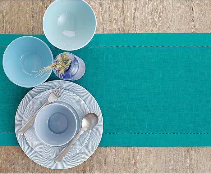 Solino Home Linen Table Runner 60 Inches - 100% Pure Linen Teal Hemstitch Table Runner 14 x 60 Inch Ideal for Dresser and Coffee Tables - Summer, Fall, Autumn - Classic Hemstitch