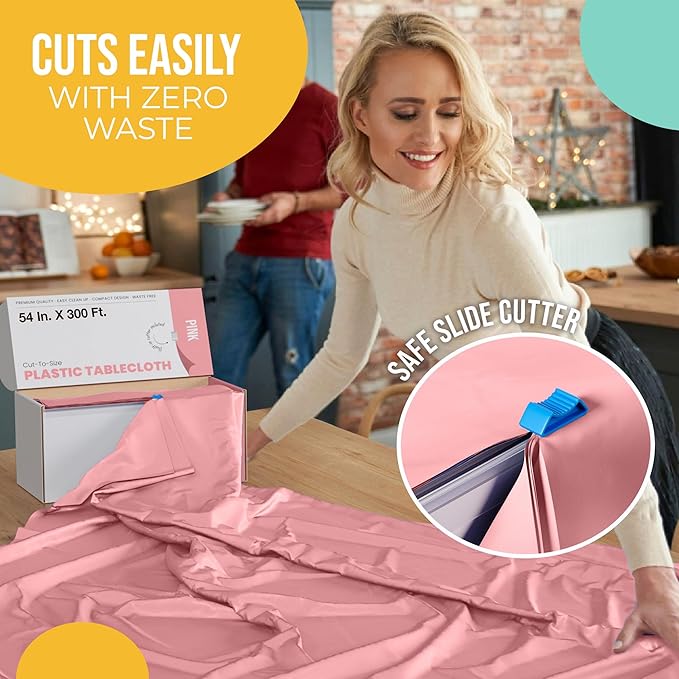 Exquisite Party Solids 54 Inch X 300 Feet Pink Plastic Table Cover Roll in A Cut - to - Size Box with Convenient Slide Cutter. Cuts Up to 36 Rectangle 8 Feet Plastic Disposable Tablecloths