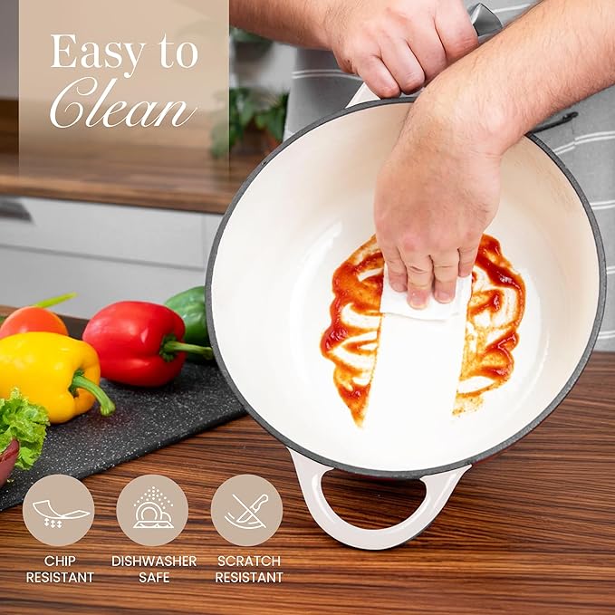 Nuovva Enamelled Cast Iron Dutch Oven Pot with Lid 6.4 Quart Non Stick Casserole Pot – Heavy Duty & Oven Safe up to 500° F for Bread Baking, Braising, Stews, Roasting – 28cm Oyster