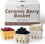 Ceramic Berry Basket, Farmhouse Colander, Farmers Market square Bowl. Rustic Kitchen decor fruit bowls, Fruit Baskets, Yellow, White and floral pattern Stoneware Harvest Bowls Set of 4