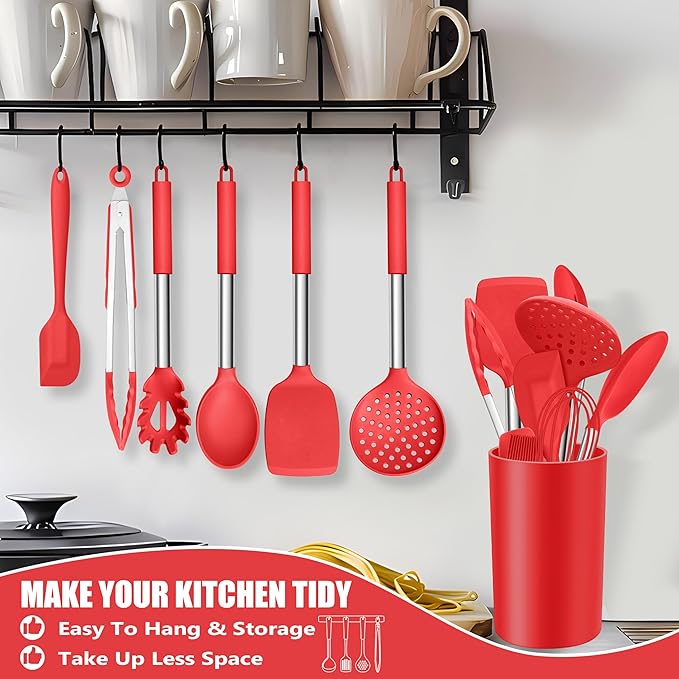 E-far 14 Pieces Silicone Cooking Utensils Set, Kitchen Utensils Set with Holder, Spatula, Ladle, Spoon, Tong, Slotted Turner for Nonstick Cookware, 446°F Heat Resistant & Stainless Steel Handle, Red