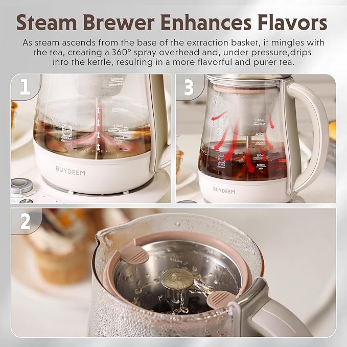BUYDEEM K1563 Tea Maker, Electric Kettle for Coffee and Tea Brewer with 6 Flavor Controls, 4 Temperature Settings, 8 Hours Keep Warm, 1.5L