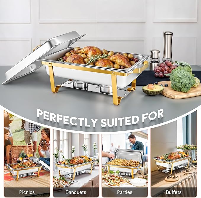 WILPREP Chafing Dishes for Buffet, 4 Pack 9 qt Chafer and Buffet Warmer Set with Full Size Pans & Foldable Frames, Food Grade Stainless Steel Food Warmers for Parties Buffets Banquets, Gold & Silver