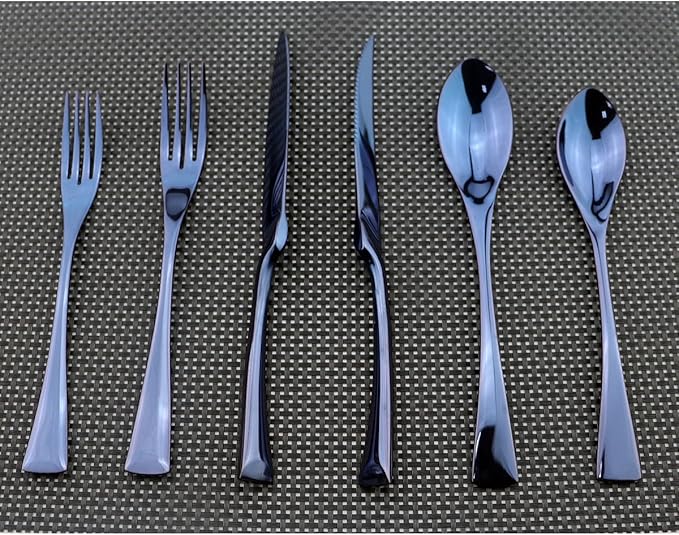 Flatware Set 18/10 Stainless Steel Mirror Polished Blue Cutlery - Silverware Utensil Set of Serrated Steak Knife Dinner Fork Knife Spoon Salad Fork Dessert Spoon,6 Piece Service for 1