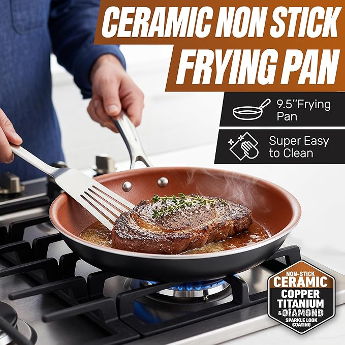 Gotham Steel 12 Pc Ceramic Cookware Set Nonstick, Ceramic Pots and Pans Set Non Stick with Steamer for Cooking, Non Toxic PFOA PFOS Free, Ergonomic Stay Cool Handles, Oven & Dishwasher Safe, Copper