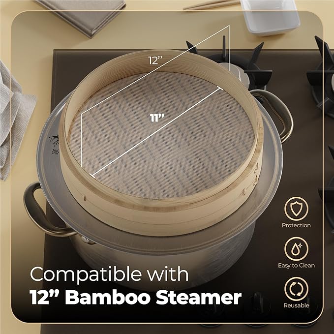 Prime Home Direct Bamboo Steamer Silicone Liners 12-Inch | 6 Count | BPA Free | Reusable & Non Stick for Air Fryer, Dumpling Food Steam Pot & Dim Sum Steaming | Round Mesh Parchment Baking Sheet Paper