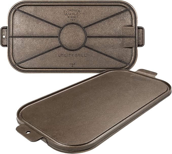 Wagner Cast Iron Griddle – 1950 Vintage Reissue in Wooden Box – Double Burner Griddle for Stovetop & Outdoor Cooking – Pre-Seasoned Cast Iron – Handcrafted in USA – Naturally Nonstick