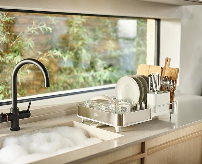 Joseph Joseph Extend Steel Expandable Dish Drying Rack with Removable Cutlery Holder Swivel Draining Spout, Stainless Steel