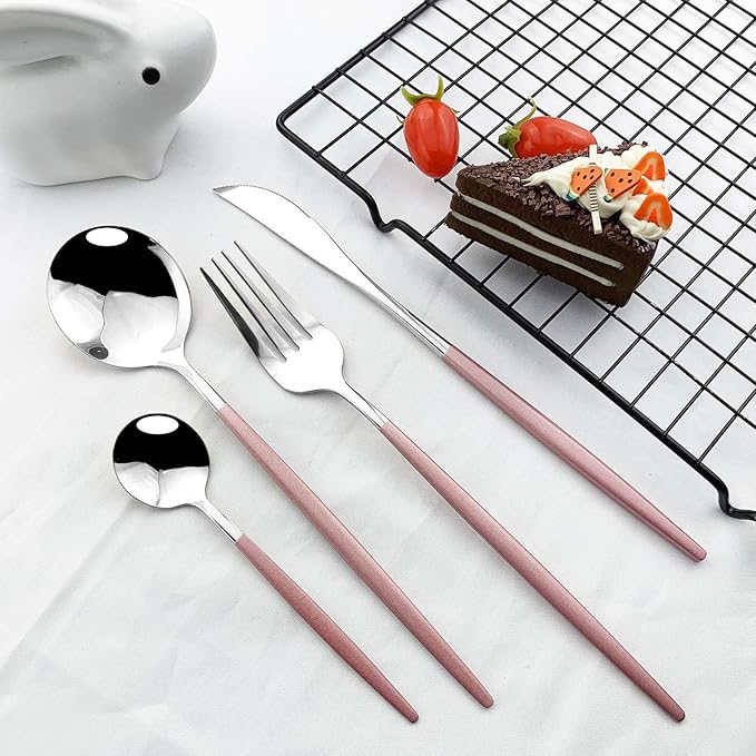 JASHII Flatware Serving Set 24 Piece, Stainless Steel Silverware Set, Pink Silver Cutlery Set, Modern Elegant Tableware Set for Party, Christmas, Dinner (Pink Silver)