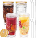 16 Oz Glass Cups with Lids and Straws, Vintage Embossed Glassware for Whiskey Cocktail Beer, Iced Coffee Cup with Lid, Glass Tumbler (4 PACK)