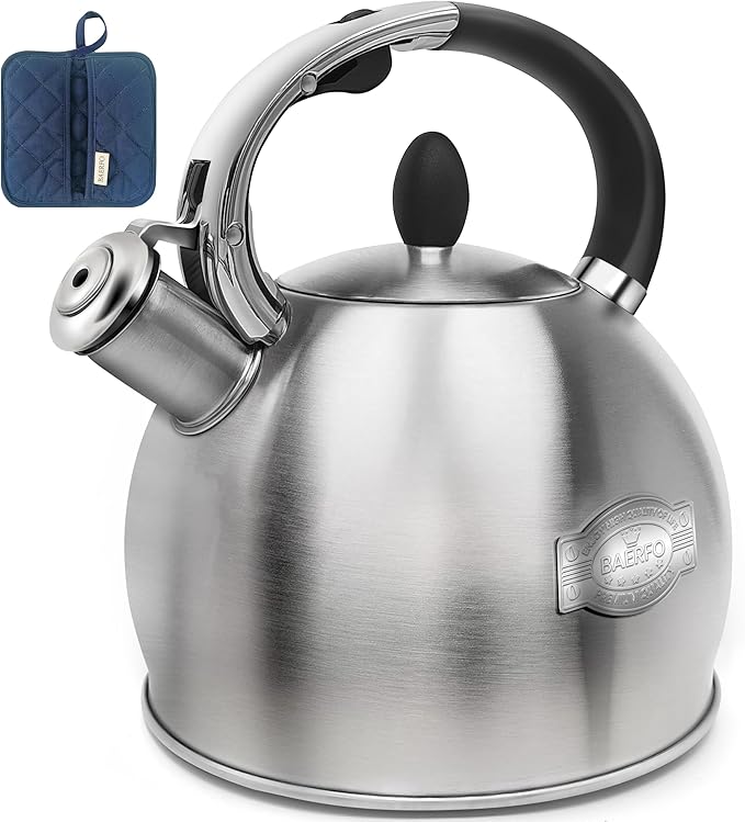 Stainless Steel Tea Kettle, Tea Kettles Stovetop, Vintage Whistling Teapot for Stove, Durable and Rust-Resistant, With a Pot Holder Included, 2.64 Quart(Brushed Style)
