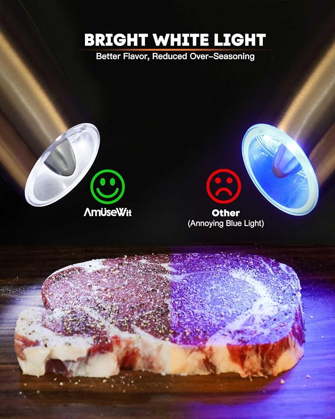 AmuseWit Electric Gravity Pepper Mill or Salt Grinder Mill [White Light] - Battery Operated Automatic Pepper Grinder with Light, One Handed Operation, Adjustable Coarseness, Stainless Steel