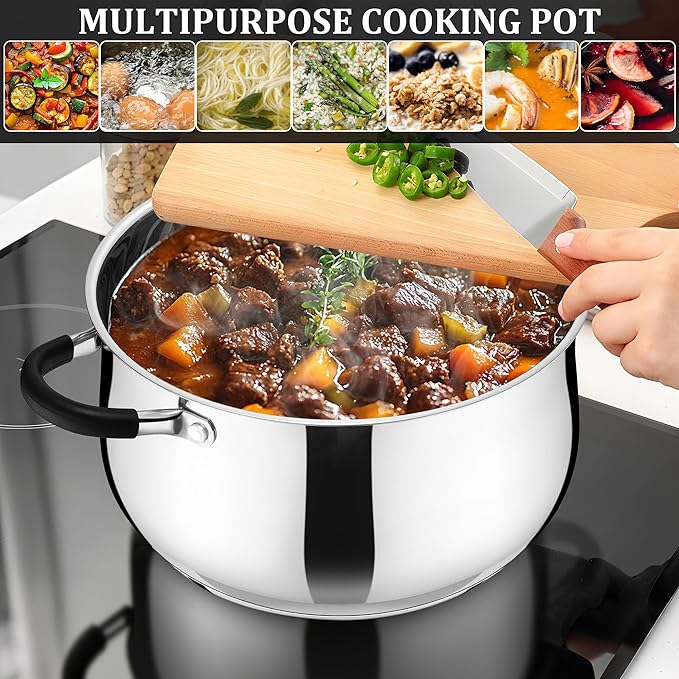 E-far 6 QT Stainless Steel Pot, Stock Cooking Pot with Visible Lid for Simmering Soup Pasta, Tri-Ply Thick Base for Induction Gas, Dual Silicone Handles for Heat Proof, Non-Toxic & Dishwasher Safe