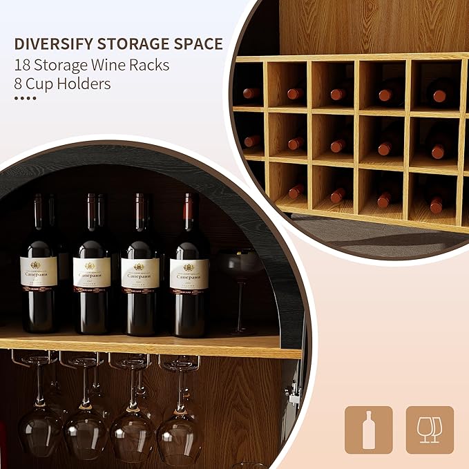 71" Wine Bar Cabinet, Arched Storage Cabinets with Door, Whiskey Station with Wine Rack and Glass Holder, Liquor Bar Cabinet for Home Kitchen Living Dining Room (Black)