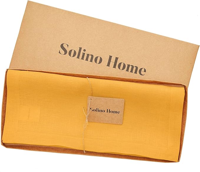 Solino Home Linen Table Runner 108 Inches Long - 100% Pure Linen Tangerine Yellow Dining Table Runner 14 x 108 Inch for Summer - Fete