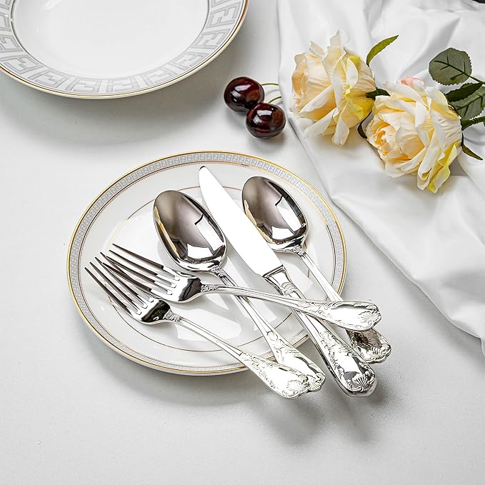 20-piece Silverware Set for 4, 18/10 Stainless Steel Flatware Set, Fine Silverware Set, Serving Utensil Sets, Finely Polished and Dishwasher Safe, Royaok
