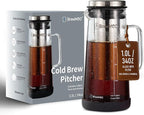 BrewMOO- Airtight Cold Brew Coffee Maker Pitcher, 1.0L/34Oz Thick Glass Carafe with Filter, Comfort Sturdy Handle & Wide Spout, Non-Slip Base | Iced Tea Maker (Black)