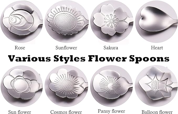 9 Pcs Flower Spoon Coffee Teaspoon Set, ESRISE Stainless Steel Tea Spoon for Tea Party Decorations (Silver)