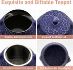 20.3oz Small Cast Iron Teapot, SECHUDO Cast Iron Tea Kettle for Stovetop Safe Coated with Enameled Interior, Cast Iron Tea Pot with Stainless Steel Infuser for Loose Tea (Blue Gerbera Pattern)