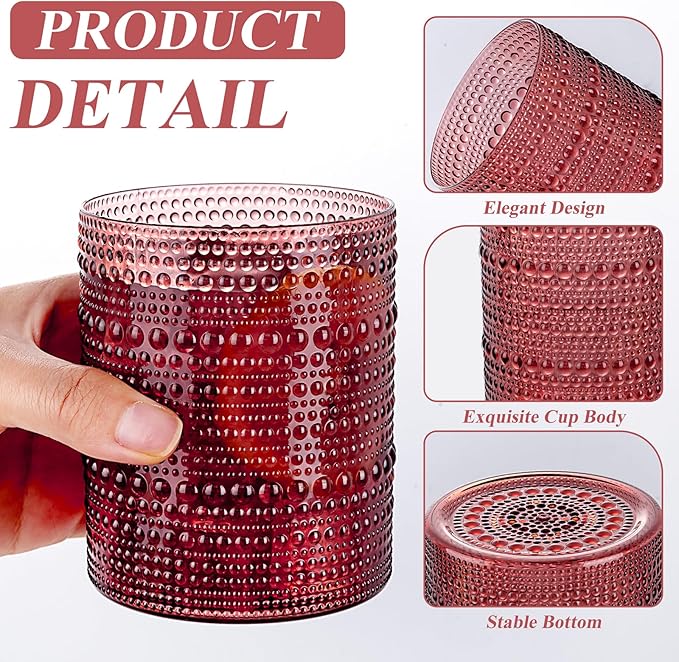 18PCS Plastic Hobnail Drinking Glasses - 14 Oz Burgundy Vintage Glasses Drinkware - Disposable Beaded Cups for Beer, Whiskey, Juice, Cocktail, Wine, Party