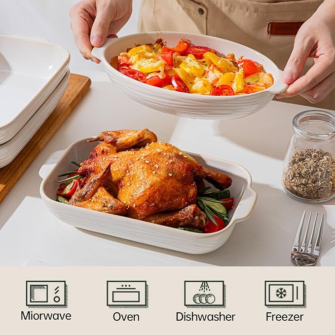 Casserole Dishes for Oven, 9 x 8 inch Ceramic Baking Dish, 17 Oz Rectangular Deep Lasagna Pan, Porcelain Baking Pan with Handles, White Bakeware Au Gratin Pans, Housewarming Gift, Dishwasher Safe