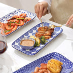Selamica Ceramic Rectangular Serving Platters Set of 4, 12 Inch Serving Trays/Dishes for Party Entertaining, Rectangular Dinner Plates for Appetizer Salad Dessert Sushi, Vintage Blue