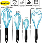 Anaeat Silicone Kitchen Whisk Set of 4, Perfect for Non-Stick Cookware, Milk and Egg Beater Blender for Whisking, Cooking, Baking, Beating - 11'' Flat Whisk and 8.5''+10.5''+12'' Balloon Whisks (Blue)