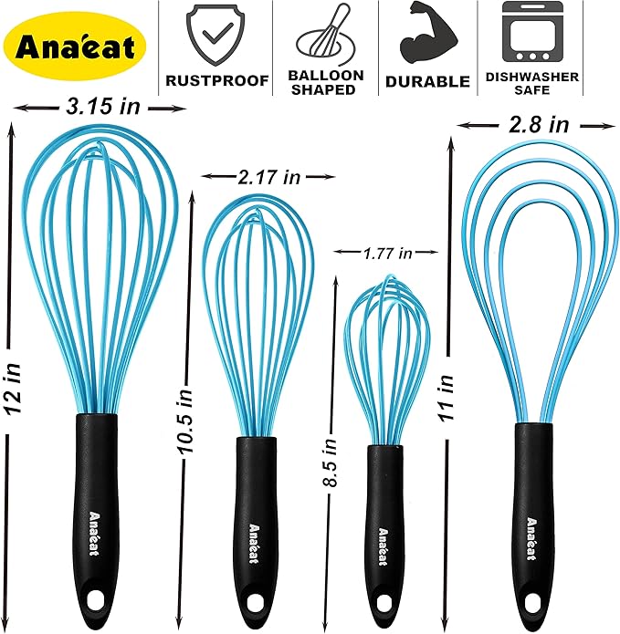 Anaeat Silicone Kitchen Whisk Set of 4, Perfect for Non-Stick Cookware, Milk and Egg Beater Blender for Whisking, Cooking, Baking, Beating - 11'' Flat Whisk and 8.5''+10.5''+12'' Balloon Whisks (Blue)