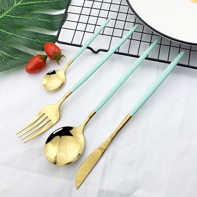 JASHII Flatware Serving Set 24 Piece, Stainless Steel Silverware Set, Mint Green Gold Cutlery, Modern Elegant Tableware for Party, Christmas, Dinner
