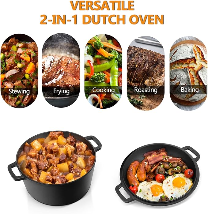 P&P CHEF 5Qt Dutch Oven Pot for Bread Baking (Black), 2 In 1 Round Cast Iron Dutch Oven with Lid Set, Skillet & Pot for Roasting Braising Stewing Frying Simmering, Multi Stoves & Oven Safe