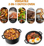 P&P CHEF 5Qt Dutch Oven Pot for Bread Baking (Black), 2 In 1 Round Cast Iron Dutch Oven with Lid Set, Skillet & Pot for Roasting Braising Stewing Frying Simmering, Multi Stoves & Oven Safe