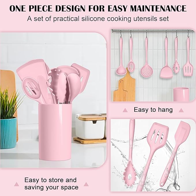 HaWare Kitchen Utensils, 14 PCS Silicone Cooking Utensils Set, Heat Resistant Kitchen Utensils for Non-stick Cookware, Kitchen Gadgets Tools with Spoons, Spatulas, Whisk, Dishwasher Safe (Pink)