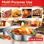 Roasting Pan, 21x13x11 Inch, Silver, Rectangular, Stainless Steel, 25LB Capacity, Turkey & Chicken Roaster with Rack and Lid