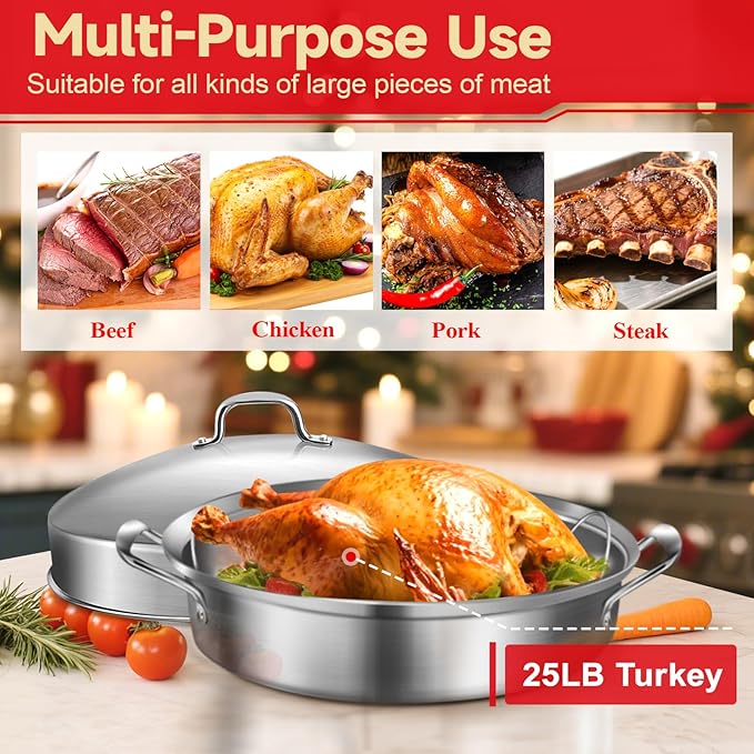 Roasting Pan, 21x13x11 Inch, Silver, Rectangular, Stainless Steel, 25LB Capacity, Turkey & Chicken Roaster with Rack and Lid