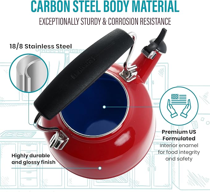 Chantal Tea Kettle, 1.7 QT, Vintage Series, Premium Enamel on Carbon Steel, Whistling, Even Heating & Quick Boil (Chili Red)