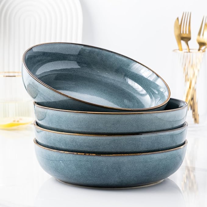 GBHOME 9'' Large Ceramic Pasta Bowls, 38oz Stoneware Pasta Serving Bowls Set of 4 for Kitchen, Wide Bowls for Fruit,Pasta,Salad,Oatmeal,Meal, Microwave Safe, Reactive Glaze-Space Blue