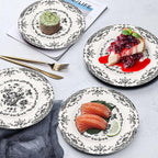 Dinner Plates Set of 6, Ceramic Kitchen Plates Microwave Safe Plates, 10.5 Inch Porcelain Dinner Plates Floral, Black
