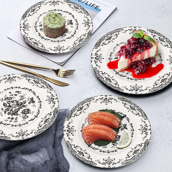 Dinner Plates Set of 6, Ceramic Kitchen Plates Microwave Safe Plates, 10.5 Inch Porcelain Dinner Plates Floral, Black