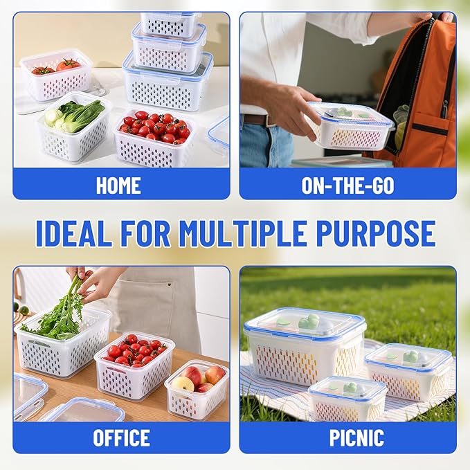 Large Fruit Containers for Fridge - Leakproof Food Storage Containers with Removable Colander - Dishwasher safe Produce Containers Keep Fruits, Vegetables, Berry, Meat Fresh longer (3)