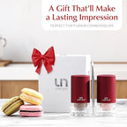 Signature Red Burgundy Salt and Pepper Shakers with Holder - Elegant Stainless Steel Salt Shaker and Pepper Shaker Set with Acrylic Holder for Kitchen Counter or Restaurant Table (2-Piece Set)