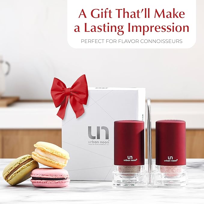 Signature Red Burgundy Salt and Pepper Shakers with Holder - Elegant Stainless Steel Salt Shaker and Pepper Shaker Set with Acrylic Holder for Kitchen Counter or Restaurant Table (2-Piece Set)