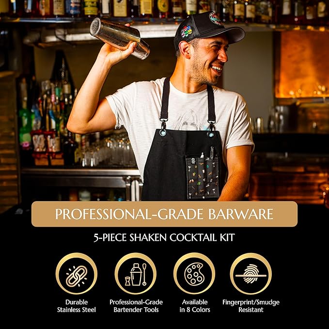 5 Piece Cocktail Kit by Bull In China - Premium Bartender Gift Set Includes Weighted 2 Piece Boston Shaker, Hammered Bell Jigger, Hawthorne Strainer & Fine Mesh Strainer (Matte Black)