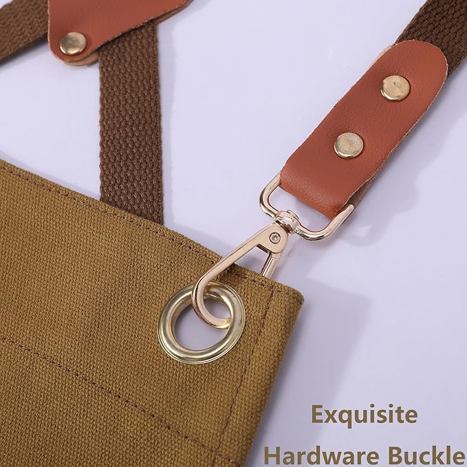 AFUN Chef Aprons for Women Men with Large Pockets, Cotton Canvas Cross Back Water Repellent Work Apron, Size M to XXL (Brown)