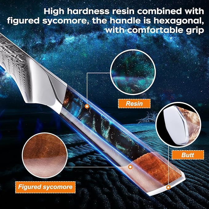FINDKING Nebula Series Boning Knife, Versatile Deboning Knife, 10Cr15CoMov Damascus Steel Blade, Resin and Figured Sycamore Handle, Full Tang, 5.5 Inch, Blue, for Skinning, Removing Fat, Filleting